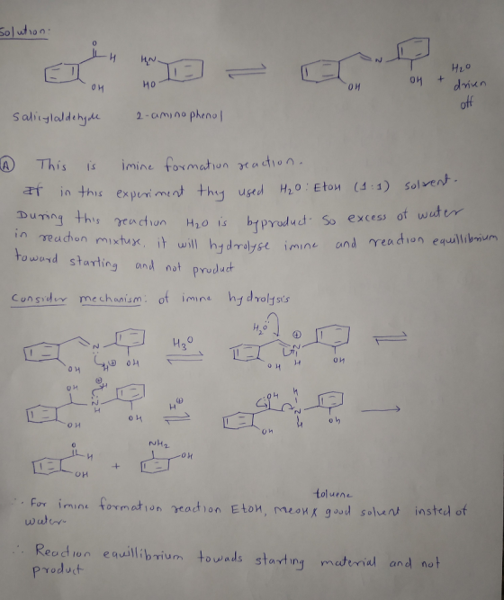 Solution H₂O on Hot t 04 drien Salicylaldende 2-aminophenol D This is imine formation reaction. at in this experiment they us