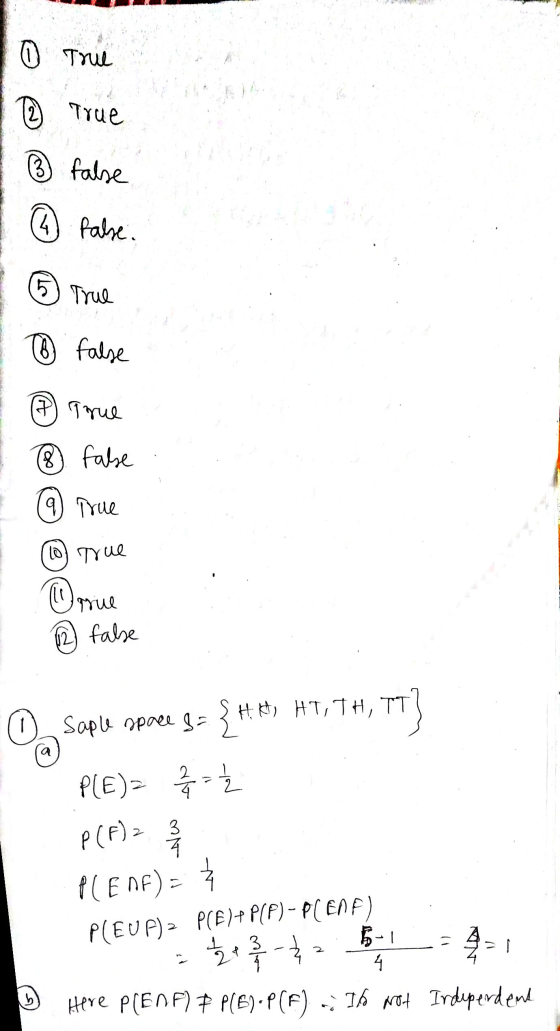 0 True 2 True false (4) false. 5) True ① false 7 True 8) false 9) True 10) True @grue no True 12 false ایم O Saple space g= {