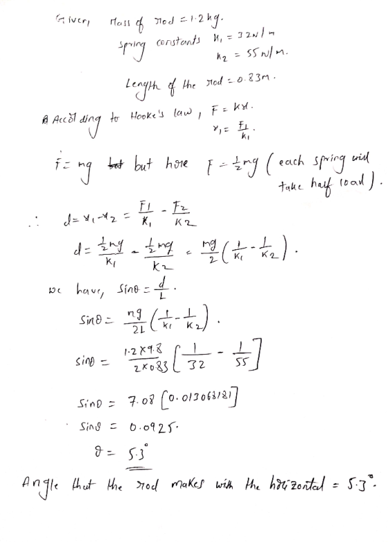 ivcr ed 2 kg. Constonts ,= 3 2N/ he od- 0.23m Acco1 to Hooke law y(each take hef toad Latbut hone uid K2 d K2 2 w have, Sin