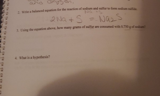 Write a halanced equation or the reaction of sodium and sulfur to form sodium 2Na+ s = Nazs 1 line the equation above, how ma