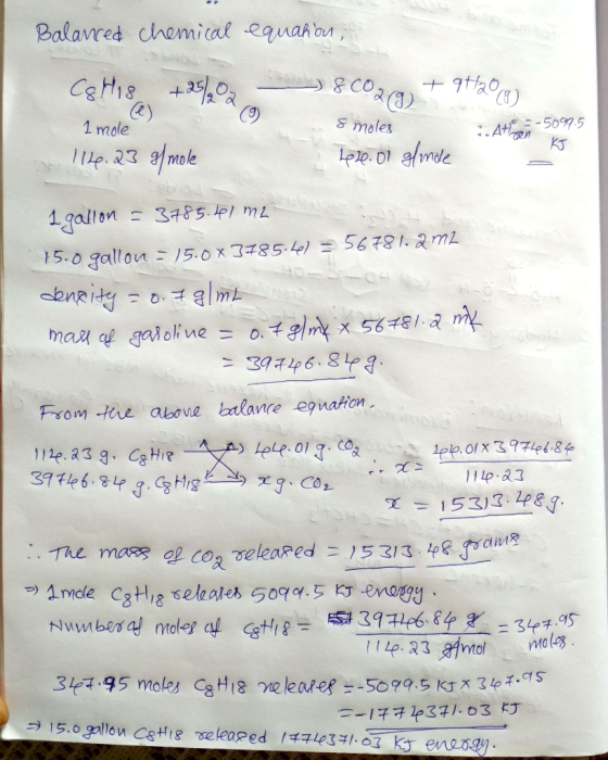 Balanced chemical equahon, = 8C02a + attacca). Cg His +358,0 I mole 1120.23 8/mole & moles - A+(8) 14° -5099.5 Ố 1020.01 glin