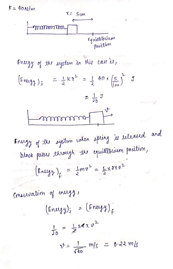 K = 40N/m x = 5cm mmm Equillibrium pasitim Enugy of the system in this case is, (Energy); = {k? = { 404 (EMI - toute Enugy o