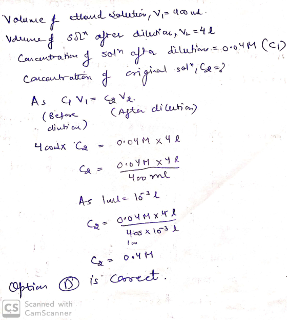 Volume of etland solution, Vi= 4o me. deume of solm after dilecticu, V2 =41 - Concentration of soln aftar dilutions = 0.04M (
