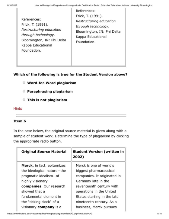 8/16/2019 How to Recognize Plagiarism --Undergraduate Certification Tests: School of Education, Indiana University Bloomingto