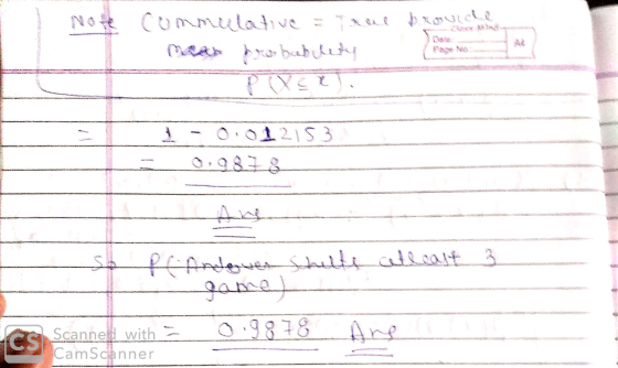 Commulative = True brouide mean trobablety P (YER -0.012153 0.9.898 SA Pre-Andover shelte atleast 3 game) 0.9878 Ane CS Scann