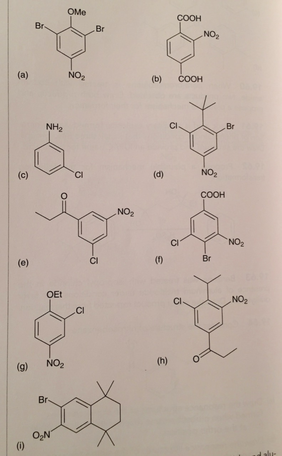 OMe COOH Br Br NO NO (b) COOH NH Cl Cl NO2 COOH NO2 Cl NO Cl Br OEt NO2 Cl (h) C (g) NO2 Br O2N
