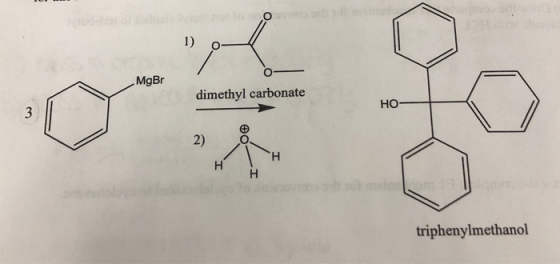 1) MgBr dimethyl carbonate но- 2) H. H H. triphenylmethanol 3.