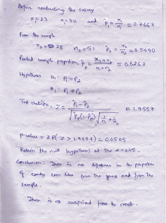 Pfore cndusting t suy X23 and 30 ニ0.7667 fram thu samp X2 = 28 0.5490 り2 Peotud banp propshen, p O.6263 P pothuen Test stathe