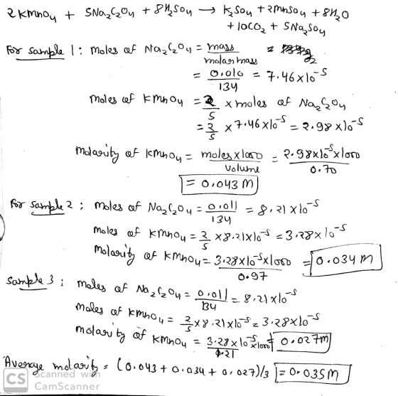 2 kmnou + SNasou +842 sou k sou tambson +8na + loco, + SNasoy for sample li moles of Nazkou = mass 222 . nolasmass = 0.0lo =
