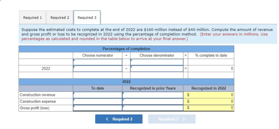 Required 1 Required 2 Required 3 Suppose the estimated costs to complete at the end of 2022 are $160 million instead of $40 m