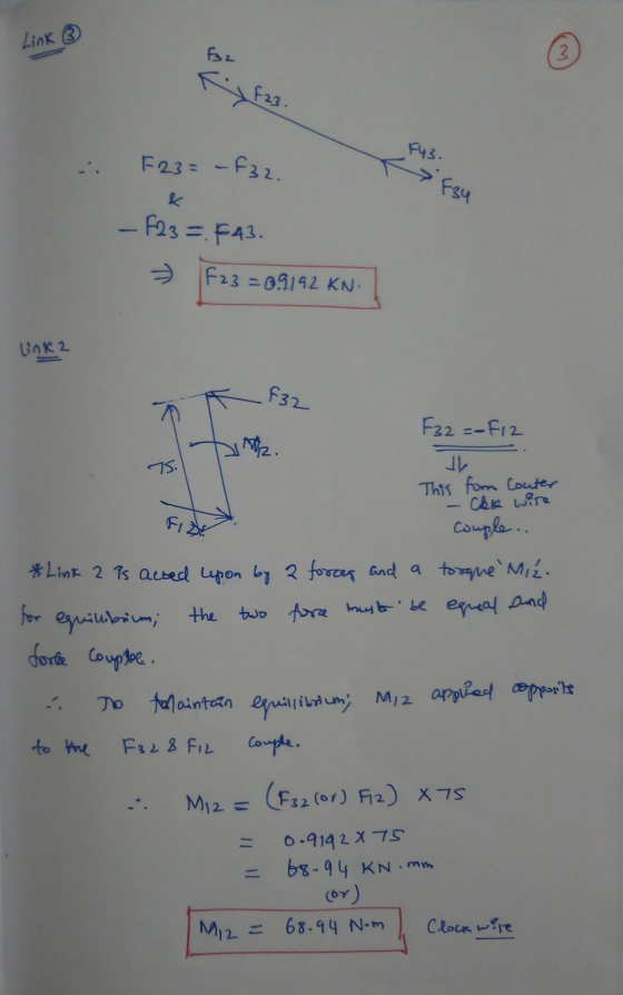 Link 3 f32 Ky F23. F43. F23= -F32. FF34 - F23 = F43. = F23=09192 KN. Link2 f32 F32=-fiz MIZ. 75. JV This form Couter che wir
