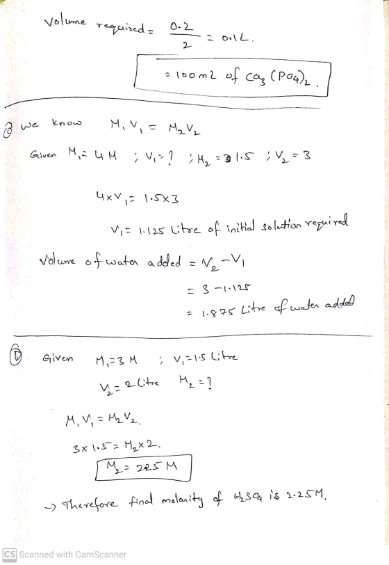 volume required 0.2 - OilL. 2 =100m2 of cas (PO4)2. know @ we Miv,= M₂ V₂ Given Mia UM ; V,-? :M₂ = 281.5 : 4 = 3 4xV;= 1.5x3