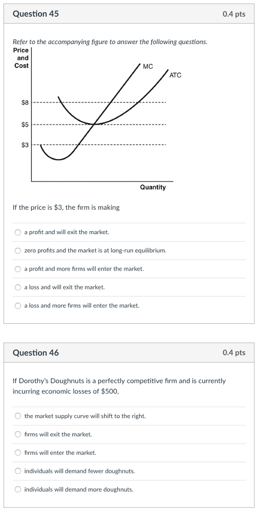 Question 45 0.4 pts Refer to the accompanying figure to answer the following questions. Price and Cost MC ATC Quantity If the price is $3, the firm is making a profit and will exit the market. O zero profits and the market is at long-run equilibrium. O a proft and more firms will enter the market. O a loss and will exit the market. a loss and more firms will enter the market. Question 46 0.4 pts If Dorothys Doughnuts is a perfectly competitive firm and is currently incurring economic losses of $500 o the market supply curve will shift to the right. firms will exit the market Ofirms will enter the market. O individuals will demand fewer doughnuts. O individuals will demand more doughnuts.