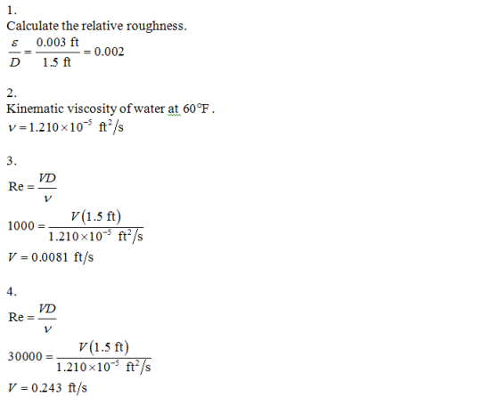 1. Calculate the relative roughness. 0.003 ft -0.002 D 15 ft 2. Kinematic viscosity of water at 60°F v= 1.210×10-5 ft2/s 3. V