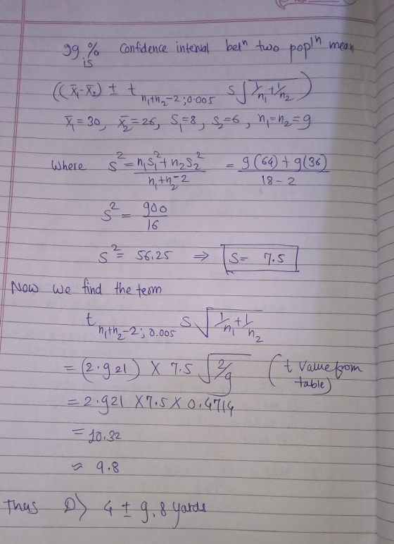 mean Confidence intenal betn two poplh 99.% LS th20 O05 (4+9(36 2 Stn2S2 Where 2 2 16 S= 1.S S,25 Now we tind the tem t. nt25