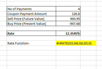 No of Payments Coupon Payment Amount Sell Price (Future Value) Buy Price (Present Value) 4 126.8 900.99 -947.68 Rate 12.3545%