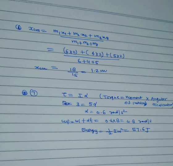 @xm= miset mesest mzas mit me m3 (6x + ( 4X 2) +(sx2) 6+4+5 sem = 18 1.2m T= Id (Torque = moment & Angular 5o 3 =5 0 of inert