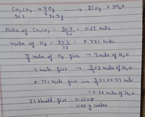 CHACHz CH₂ CH3 - 70g 2017 200g + 3H₂0 224.79 30 Moles of C₂ CH2 : 20.7 0.69 modes moles of O2 = 24.7 = 0.771 modes I moles of