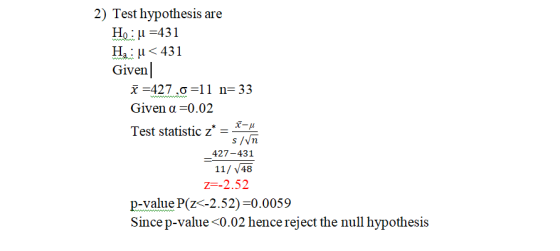 2) Test hypothesis are Hai ,1 431 Given x-427 11 n 33 Given α 0.02 Test statistic z 427-431 11/ V48 z--2.52 p-value P(z<-2.52