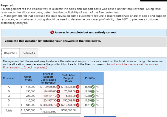 Required: 1. Management felt the easiest way to allocate the sales and support costs was based on the total revenue. Using to