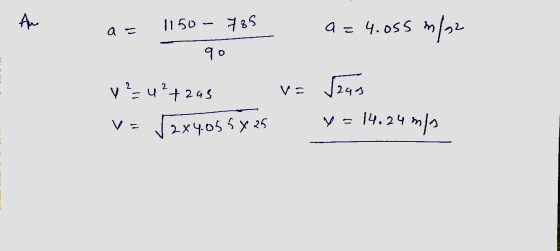 Am 1150 - 785 a a=4.055 m/2 90 v2=4²+2a3 √245 V= 12x4.055 x 25 y = 14,24 m/s