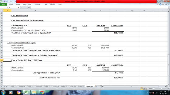 х Process Costing - Microsoft Excel (Product Activation Failed) File Home Insert Formulas Data Review View ♡ X Page Layout fe