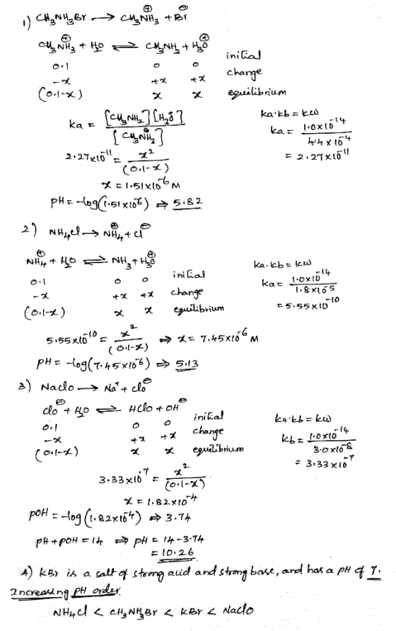 H₂Br CH₂NH₂ + Br CANH + Ho 3 + HO 0:1 + x x initial change equilibrium kaikb=kw ka= 10x1014 hinx 154 = 2.27x16 (O.-x) (0.1-x