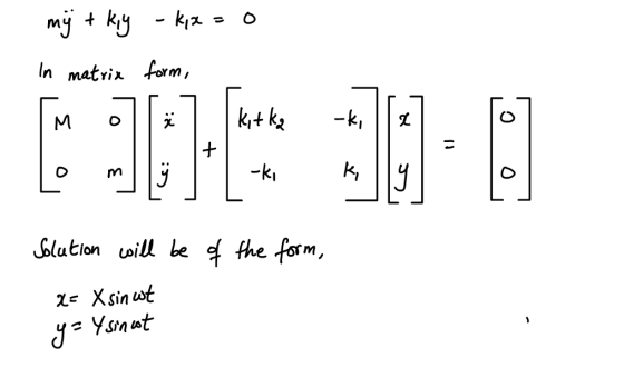 my tky - k,x=0 In matrix form, 13:8) O Solution will be of the form, x= X sinut y=Ysinot