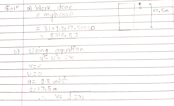 Soin a) Work done oso 17.5m mahcos -31 X 9.3x17.5coso 5316.53 6) Using equation va uzzas ^-^ uro a= 9.8 mis? S=1705m V= / zas