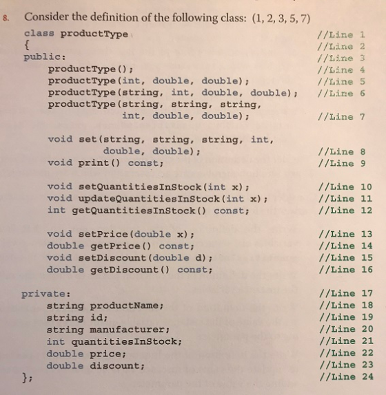 Consider the definition of the following class: (1, 2,3, 5,7) class productType 8. //Line 1 //Line 2 //Line //Line 4 //Line5 public: productType () productType (int, double, double) productType (string, int, double, double) /Line 6 productType (string, string, string, int, double, double) //Line7 void set (string, string, string, int, double, double) //Line 8 //Line s void print) const; void setQuantitiesInstock (int x)i void updateQuantitiesInStock (int x)i int getQuantitiesInstock() const; //Line 10 //Line 11 //Line 12 void setPrice (double x); double getPrice() const; void setDiscount (double d)i double getDiscount ) const //Line 13 //Line 14 //Line 15 //Line 16 //Line 17 //Line 18 //Line 19 //Line 20 //Line 21 //Line 22 //Line 23 //Line 24 private: string productName; string id; string manufacturer; int quantitiesInStock; double price; double discount; J: