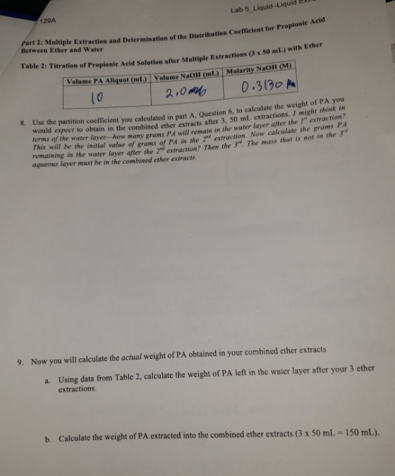 Lab 5_Liquid-Liquidem 129A Part 2: Multiple Extraction and Determination o Between Ether and Water action and Determination o