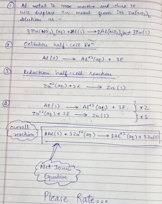 Al metal is more will displace zu solution as - reactive metal and from this it.. its zu(NO3). 3 ZN(NO2)Cap.) + Al(s) >2Al(NO