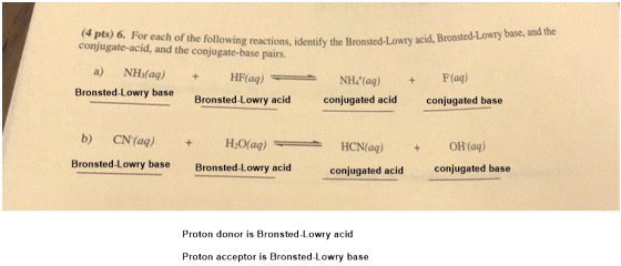 (4 pts) 6. For each of the followin conjugate-acid, and the conjugate-base pairs. g reactions, identify the Bronsted-Lowry ac