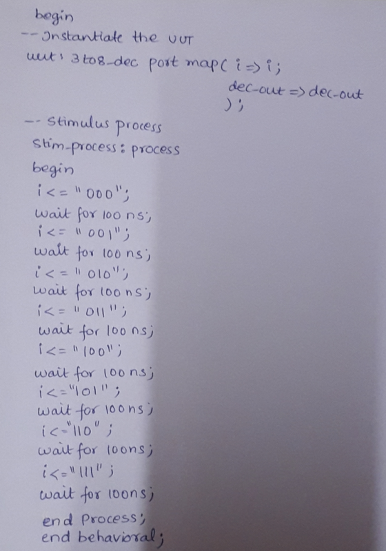bogin -- Instantiate the UUT weets 3 to 8 dec port map( i=) i; dec-out =) dec-out Ji -- Stimulus process Slim process: proces