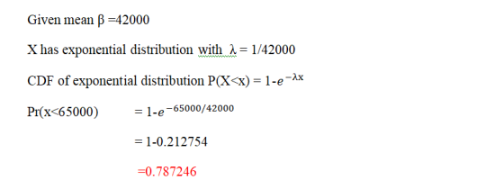 Given mean B =42000 X has exponential distribution with a = 1/42000 CDF of exponential distribution P(X<X) = 1-e-Ax Pr(x<6500