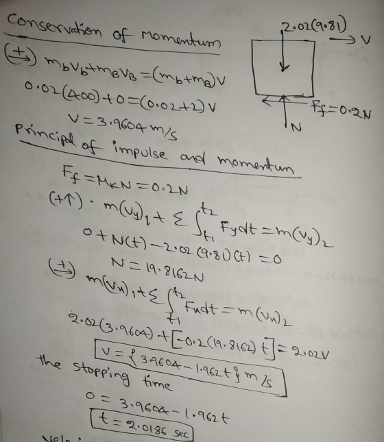 Conservation of Momentum 2.02(9:8) N (†) Imbustim BVB=(moting Ff=0.90 0.02(400) +0=(0.02+2) V v=3.9604 m/s Principal of impul