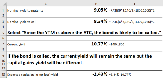 1 Nominal yield to maturity 2 9.05% =RATE(9*2,140/2,-1300,1000)*2 3 Nominal yield to call 8.34% =RATE(6*2,140/2,-1300,1060)*2