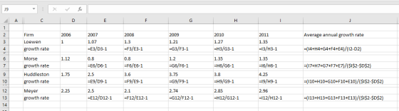 x ✓ fox A C D E F G H I 2006 Average annual growth rate Firm Loewen growth rate 2007 1.07 =E3/D3-1 2008 1.3 =F3/E3-1 2009 1.2