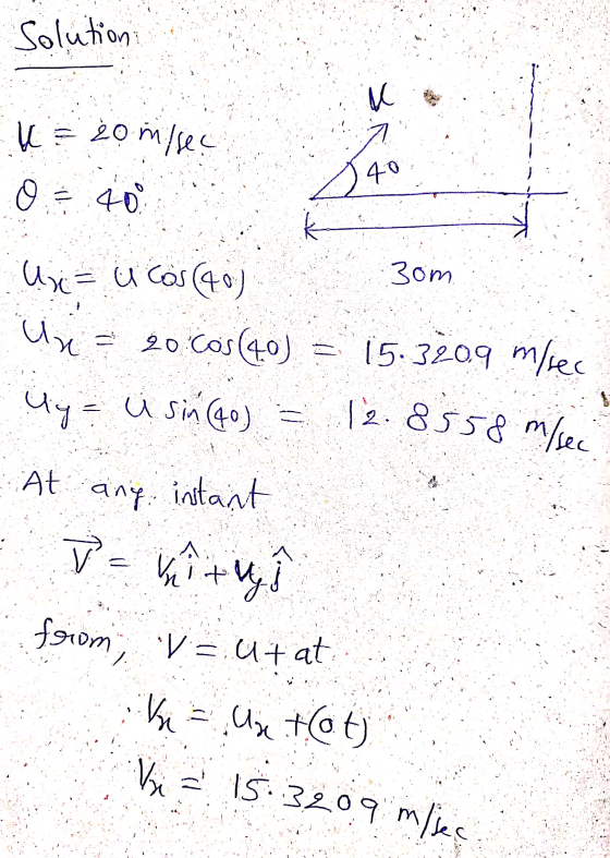 U = 2om/sec Solution u 40 O 40. 3om U = U Cos (40) 20 cos (40) My= usin (40) Un = 15.3209 mlec 12.8558 m/sec At ang instant V