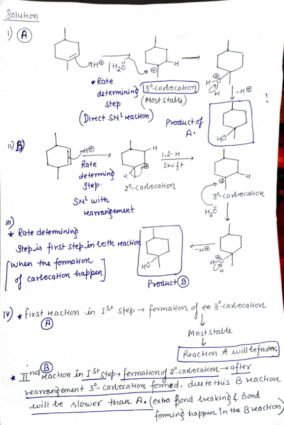 solution TH / Hoo HO H₂0 Go * Rate carlocation detem step (Most Stalte) (Direct SM breachion) product of A 1)B) 1,2-H Rate 30