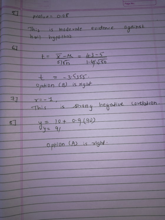 Page No.: pualue= 0.08 This huy is moderate hypotheis evidence against 67 - I olin 1456 t = X -M = 4:3-5 1.41556 t = -3.5355.
