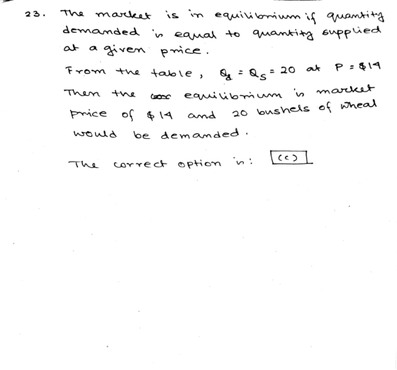 23. The market is in equilibrium if quantity demanded is equal to quantity supplied at a given price. From the table , Q = Q