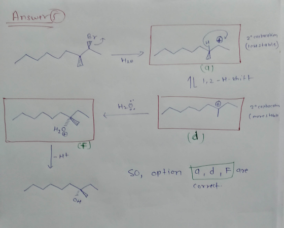 Answers 2° carbocation (lessstable) Heo (9) 1 1,2-Heshitt Hao Bo carbocation (more stable H2O IHA so, option ta,d, Flare corr