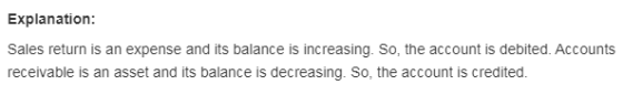 Explanation: Sales return is an expense and its balance is increasing. So, the account is debited. Accounts receivable is an