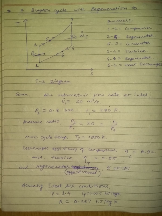 A Brayton cycle with Regeneration as WT 2 processes in 1 -2= Compressor 2-15 Regenerator, 5-3= Combuster 3-4= Turbine. 4-62.