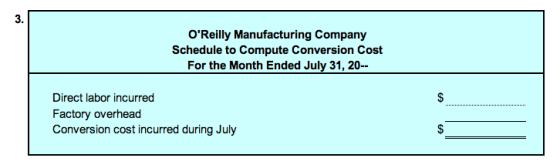 3. OReilly Manufacturing Company Schedule to Compute Conversion Cost For the Month Ended July 31, 20-- $ Direct labor incurr