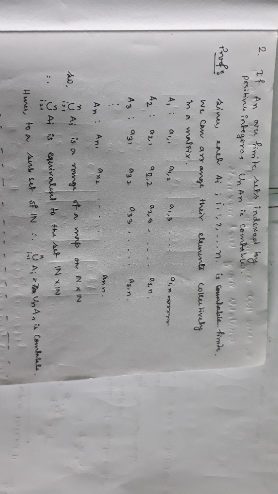 2. If an are finite sets indexed by will words positive integero, Un An is contable We Prodo siner, each ai ; i. ...D. is con