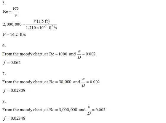 5. VD Re-_ 2,000,000l.5) V - 16.2 ft/s V(1.5 ft) 1.210x10-5 ft/s 6. From the moody chart, at Re 1000 and0.002 f-0.064 From t
