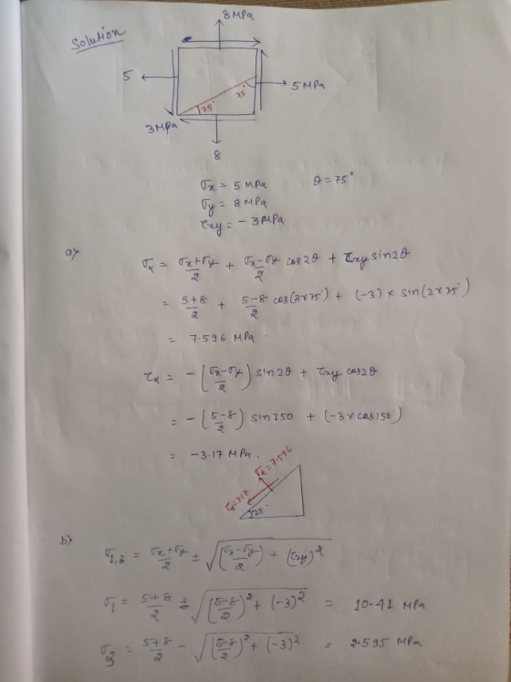 8 MPa Solution 5MPa 25 3 MPA 0= 75° Tx = 5 MPa Ty = 8 MPa - 3 pupa To = Tetty + Troy cos 20 + Try sinzo 5+ 8 (-3)* sin(2825 5