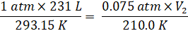1 atm x 231 L 293.15 K 0.075 atm x V2 210.0 K
